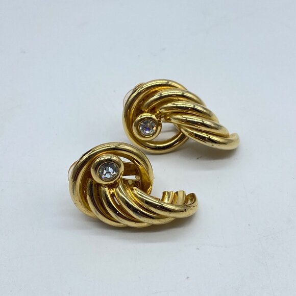 Vintage Rhinestone Tube Knot Gold Tone Swirl Clip on Earrings - Picture 6 of 9